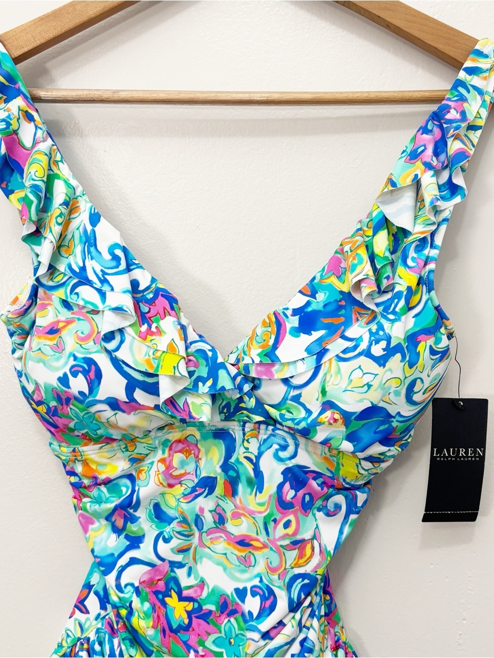Lauren Ralph Lauren One Piece Ruffle Vibrant Multicolor Watercolor Ruched Size 8